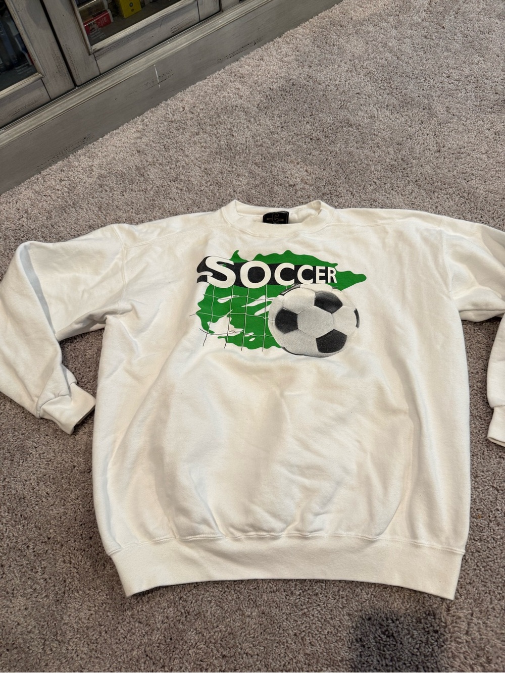 Vintage White Soccer Graphic Sweatshirt with Green Accent Size XXL